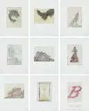 Ed Ruscha, Flipping, Kicking, Howling, Rolling, Sitting, Standing, Climbing, Telling; and B, 1988, Nine prints, including the complete set of eight etchings in colors, and broadside etching in colors with text, all on Rives BFK paper, with full margins, with colophon, loose (the only set issued unbound and individually signed),