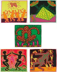 Keith Haring, Untitled 1-5 (The Fertility Suite), 1983, The complete set of five screenprints in colors, on Rives BFK paper, with full margins, with title page, the colors bright and fresh,