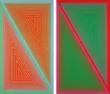 Richard Anuszkiewicz, Triangulated Orange; and Triangulated Green, 1977, Two screenprints in colors, on Masonite,