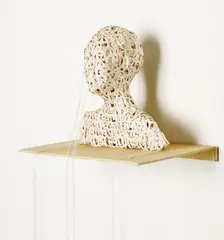 Lesley Dill, Head, 2003, Three-dimensional work, comprised of cast die-cut abaca paper letters and thread, with original shelf,