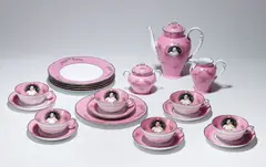 Cindy Sherman, Madame de pompadour (née Poisson) tea set, 1990, The complete 21 piece porcelain tea service, including one teapot, one sugar bowl, one creamer, six cups, six saucers and six dessert plates,