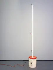 Light by Jason Rhoades, 1997, White plastic bucket with orange lid, transformer, electrical wiring, and fluorescent light fixture, with accompanying X, sold Oct 2014