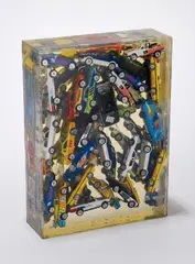 Hot Wheels by Arman, 1984, Accumulation of multi-colored toy cars embedded in polyester resin encased in plexiglas,, offered Oct 2014