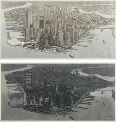 Richard Haas, Manhattan View, Battery Park; and Manhattan View, Battery Park, Night, 1980, Two photo-etchings with aquatint in colors, on Arches Cover paper, with full margins,