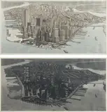 Richard Haas, Manhattan View, Battery Park; and Manhattan View, Battery Park, Night, 1980, Two photo-etchings with aquatint in colors, on Arches Cover paper, with full margins,