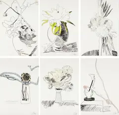Flowers (Hand-Colored): six prints by Andy Warhol, 1974, Six screenprints with hand-coloring (faded), on wove paper, the full sheets,, sold Oct 2014