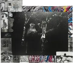 Peter Beard, Record-Class Leopard, 1968, Gelatin silver print with ink, paint, affixed gelatin silver prints and matchbox, printed later