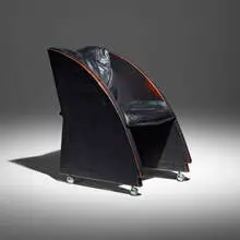 Chair De Lux Series II by Larry Bell, 1999, leather, lacquered wood, sold Feb 2026