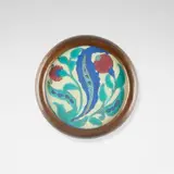 California Faience and Dirk van Erp, Trivet with Iznik-style floral decoration, c. 1920-25, glazed earthenware, handwrought copper