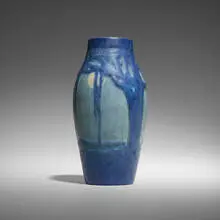 Scenic vase with large oak, Spanish moss and full moon by Anna Frances Simpson for Newcomb College Pottery, 1930, glazed earthenware, sold May 2026