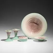 Roseville Pottery, Rare Futura Flying Saucer console set, c. 1928, glazed earthenware