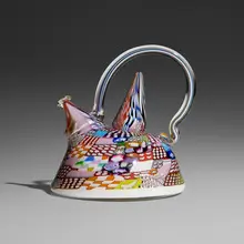 Crazy Quilt Teapot by Richard Marquis, 1984, hand-blown glass, murrine, sold May 2026
