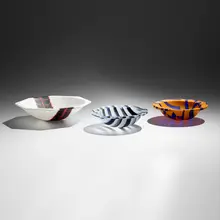 Klaus Moje, Collection of three small bowls, fused, slumped, cut, ground and sand-blasted glass