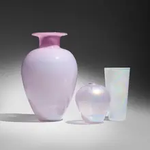Three vessels by Benjamin Moore and Richard Royal, 1982-83, hand-blown glass, sold May 2026