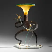 Dan Dailey, Dangerous Vine Wrestler lamp, 1992, hand-blown glass, Vitrolite, vitreous enamel, patinated and gold-plated bronze