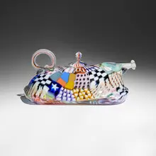 Crazy Quilt Teapot by Richard Marquis, c. 1980, hand-blown glass, murrine, sold May 2026
