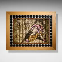 Judith Schaechter, King of the Fuck Ups, 1995, stained glass, sandblasted, engraved, and painted stained glass, assembled with copper foil