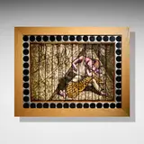 Judith Schaechter, King of the Fuck Ups, 1995, stained glass, sandblasted, engraved, and painted stained glass, assembled with copper foil