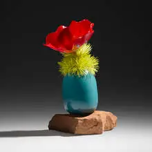 Flo Perkins, A Hearty Cactus, 2026, hand-blown glass, glass threads, sandstone base