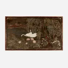 Max Kuehne, Untitled (Panel with Swans), c. 1940, silver leaf over incised gesso wood panel in artist-made frame