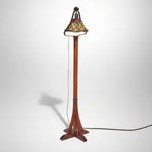Gustav Stickley, Floor lamp, model 500, c. 1910, oak, handwrought copper, original wicker and silk shade