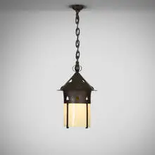 Gustav Stickley, Rare and Large hanging lantern, model 205 1/2, c. 1905, wrought iron, original opalescent glass