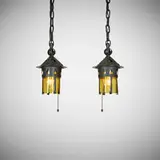 Hanging lanterns model 205, pair by Gustav Stickley, c. 1905, handwrought copper, amber glass, sold Apr 2025