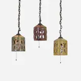 Pewabic Pottery, Rare and Early hanging lanterns, set of three, c. 1910, glazed stoneware, handwrought copper, wrought iron