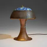 Harry St. John Dixon, Rare chinoiserie table lamp with Fu dog, c. 1920, handwrought copper, glazed porcelain