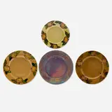 Pewabic Pottery, Collection of four Early plates with apples, c. 1905, glazed earthenware, crackle-glazed earthenware, iridescent-glazed earthenware