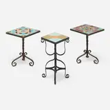 Pewabic Pottery, Collection of three tile-top plant stands, c. 1925, glazed earthenware, wrought iron
