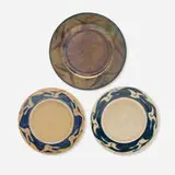 Pewabic Pottery, Collection of three Early plates with flying geese, c. 1905, crackle-glazed earthenware, iridescent-glazed earthenware
