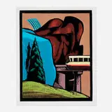 Lockwood Dennis, EMP and Monorail, 2000, woodcut in colors
