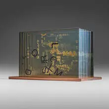 John Cage, Not Wanting to Say Anything About Marcel (Plexigram III), 1969, screenprint in colors on Plexiglas, walnut