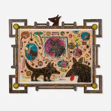 Roy De Forest, Ode to Rin Tin TIn, 2002, lithograph and woodcut in colors with pochoir on Thai mulberry in artist-made frame