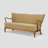 Alfred Christensen, Danish spindle-backed beech settee, 1940s, the sprung seat and buttoned back upholstered in olive-coloured fabric