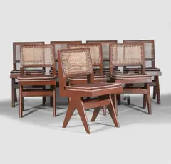 Pierre Jeanneret, Set of eight 'PJ-01-01-11' chairs, c.1959, each of teak with braided canework