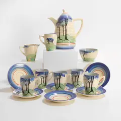 Clarice Cliff, 'Blur Firs' pottery coffee service, c.1930