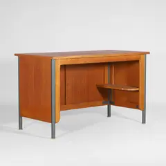 'Surveillant' desk by Jean Prouvé, c.1950s, the oak top over a metal frame, sold Apr 2025