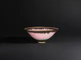 Lucie Rie, Footed bowl, circa 1980, Porcelain, inlaid pink radiating lines, turquoise and manganese bands