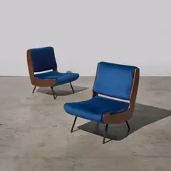 Gianfranco Frattini, Paire de fauteuils 836, A pair of '836' armchairs in walnut, lacquered metal and fabric by Gianfranco Frattini designed in 1955 and edited by Cassina