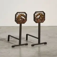 Paire de chenets by Edgar Brandt, Fer forgé battu, bronze patiné et cuivre patiné, sold Nov 2024