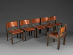 Travail Belge, Suite de six chaises, A set of six Belgian chairs in wood and leather designed circa 1975