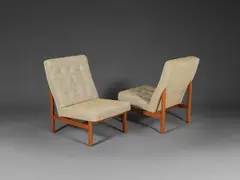 Travail Danois, Paire de chauffeuses, A stamped pair of Danish low chairs in teak and fabric edited by France & Son circa 1957-1966