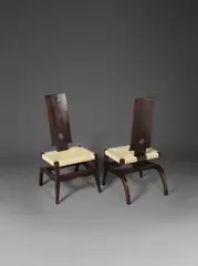 Victor Courtray, Paire de chaises basses, A pair of low chairs in stained oak and straw by Victor Courtray circa 1945