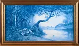 Martin-Brey Hand-painted Landscape Tile, Besancon, France. c. 1900, impressed stamp maker's mark, artist's monogram l.r., tile, 11 x 21 1/4, frame, 14 x 24 in.