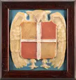 Faience Owl and Shield Tile by Rookwood Pottery, sold Feb 2024