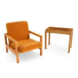 Edward Wormley, for Dunbar Cork-top Side Table and a Mid-century Modern Lounge Chair, table, Berne, Indiana, designed late 1940s, mahogany frame, cork insert, maker's metal label, ht, 22 1/2, lg