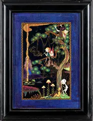 Daisy Makeig-Jones, for Wedgwood Fairyland Lustre "Elves in a Pine Tree" Plaque, 1925, lacquered wood frame 13 x 10 in