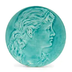 Burmantofts Faience Plaque, England, late 19th/early 20th century, obverse signed "P. Mallet," reverse with impressed marks and numbered 1010, dia. 10 1/2 in.